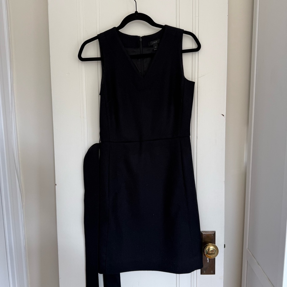 J. Crew Black Wool Sheath Midi Dress with Tie Belt and Pockets!